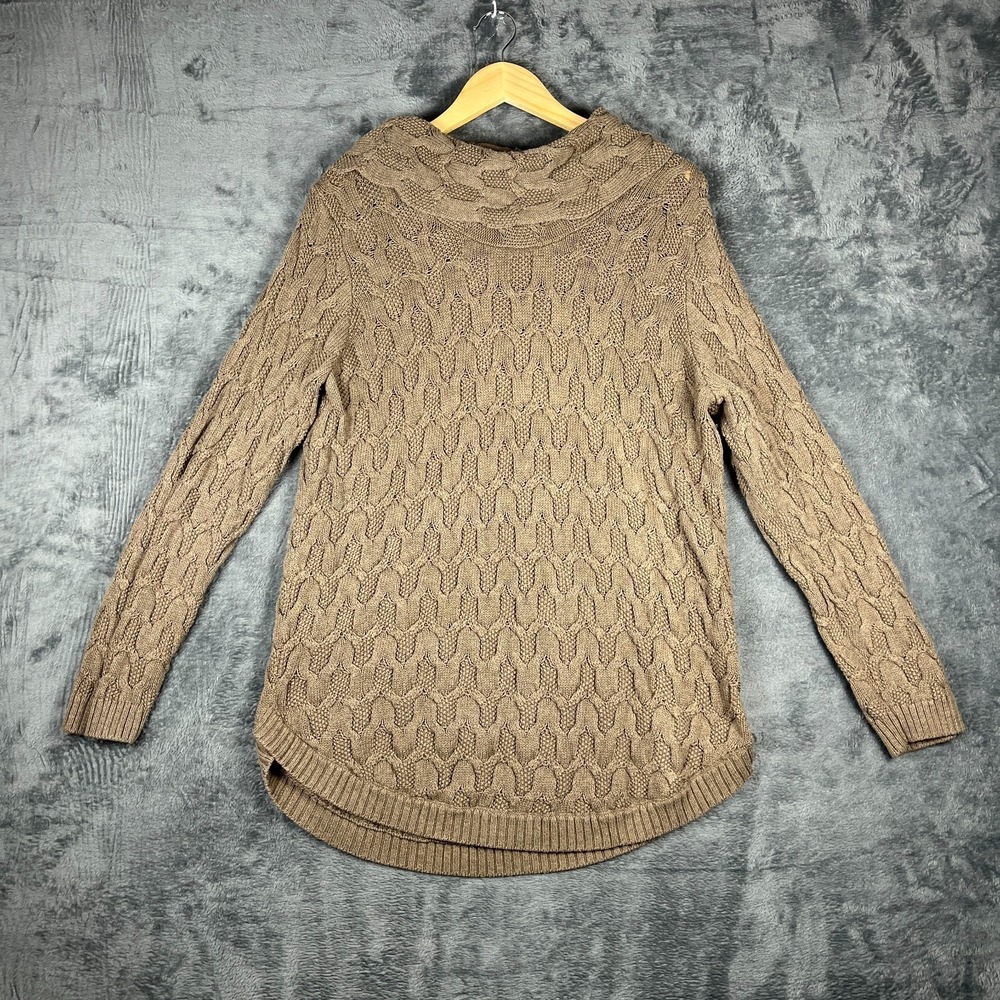 Jeanne Pierre Sweater Womens 1X Brown Ribbed Cowl Neck Cable Knit Curved Hem